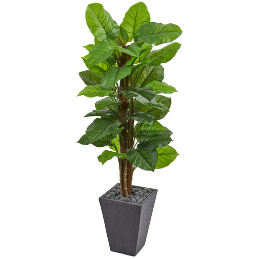 HYGGE CAVE | 5’ LARGE LEAF PHILODENDRON ARTIFICIAL PLANT IN SLATE PLANTER (REAL TOUCH)