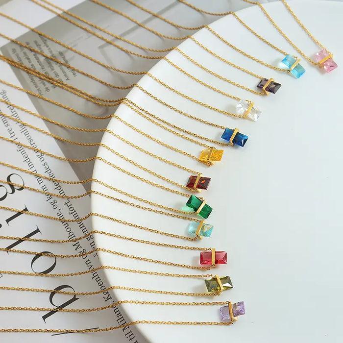 12 Months Colorful Rainbow Zircon Necklaces / Stainless Steel / Colorful Rainbow Zircon Necklaces / Crystal Pendant Necklace / Rectangle Chain / Women's Pendant Necklace / Anniversary / Engagement / Gift / Wedding / Party / 18K Gold Plated